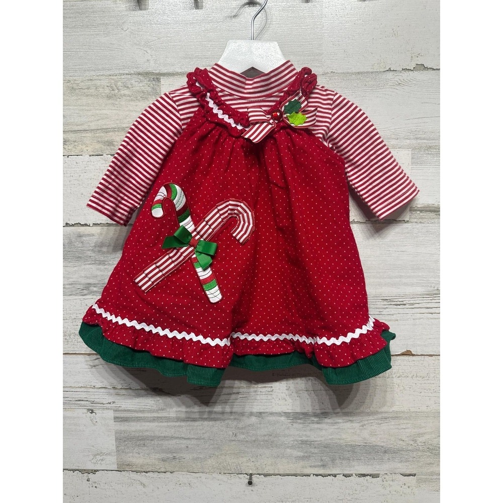 Candy Cane Dress Baby Girls 9M Red Holiday Ric Rac Corduroy EUC
